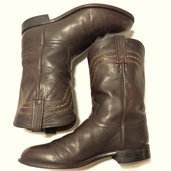 VTG JUSTIN ROPER BROWN CORONA LEATHER ALMOND TOE WESTERN COWBOY BOOTS Sz8.5EE